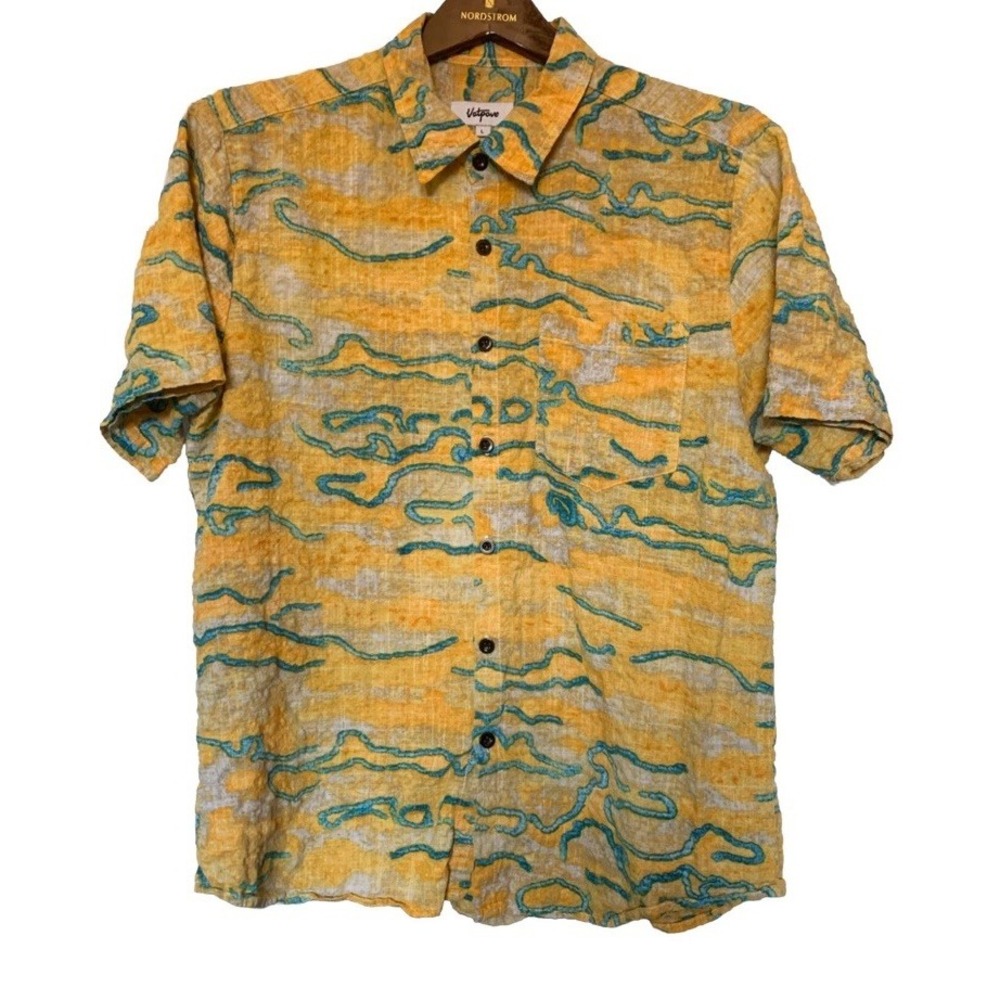 Vatpave Button Up Shirt XXXL Yellow Textured Print Short Sleeve Festival Hippie